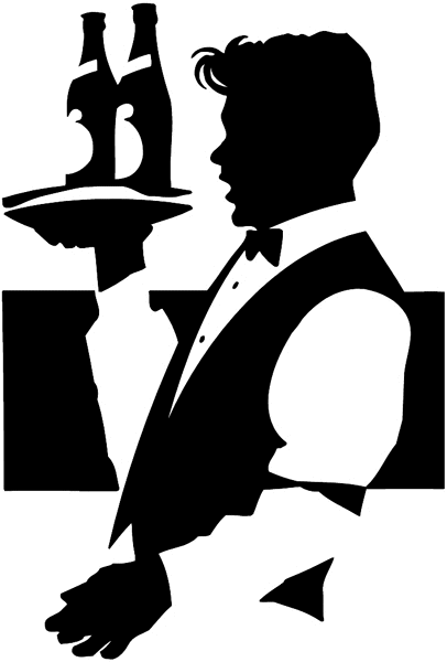 Waiter with two bottles on a tray silhouette vinyl sticker. Customize on line. Restaurants Bars Hotels 079-0387
